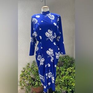 Vintage 80s gorgeous midi dress blue white floral Sz S/M April Rain. Made in USA